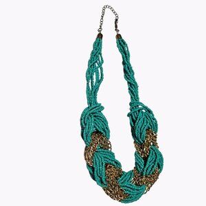 Turquoise Woven Seed Bead Gold Tone Chunky Statement Necklace Fashion Jewelry